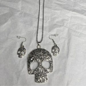 Intricate Silver Skull Necklace and Earrings Set